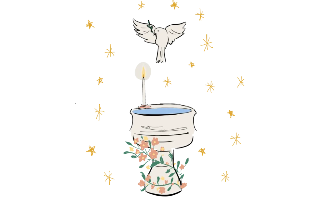 Ilustrácia Ducha Svätého vznášajúceho sa nad krstiteľnicou a krstnou sviecou.